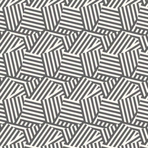 Daze Patterned Fabric: A Canvas for Stories - features white and dark grey geometric lined shapes arranged to suggest a hexagon like pattern.