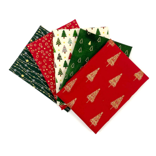 Green, Red & White Metallic Christmas Fat Quarters - 5 Fabric Bundle