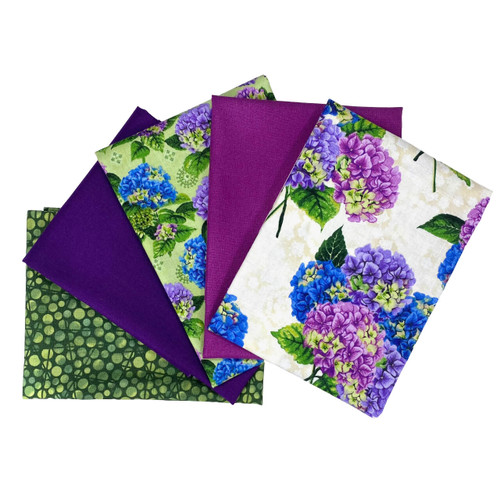 Benartex's Violet Verdure Variety Bundle, featuring five fat quarters in vibrant green and purple hues, Studio Cut for quilting.