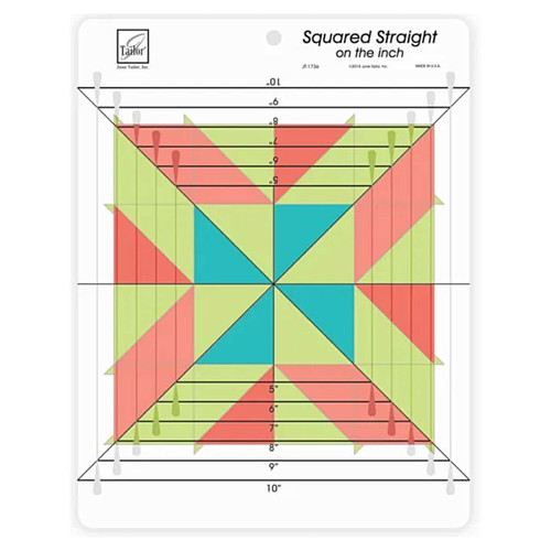 June Tailor Squared Straight on the Inch Ruler demonstrating alignment over a colorful pieced quilt block for squaring