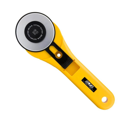 Front view of the OLFA Straight Handle 60mm Rotary Cutter with yellow body and durable tungsten steel blade, ideal for versatile crafting needs.