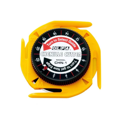 OLFA CHN-1 Chenille Cutter with a black and red dial on a yellow body, showcasing adjustable width settings for precision textile cutting.