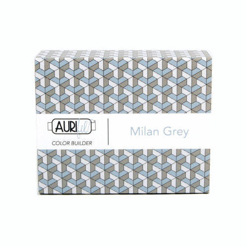 Packaging for Aurifil Color Builder in Milan Grey, featuring a geometric pattern in shades of grey and blue with the Aurifil logo and "Milan Grey" label.