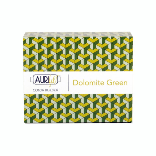 Packaging for Aurifil's Dolomite Green Color Builder, featuring a geometric pattern in various shades of green with the Aurifil logo and the text "Dolomite Green" on the label.
