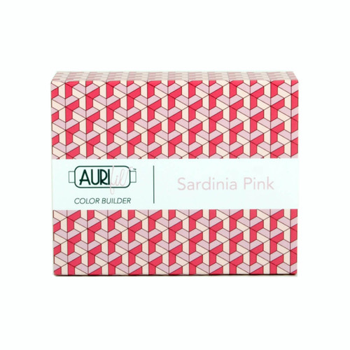 Packaging for Aurifil's Sardinia Pink Color Builder, featuring a cubic geometric pattern in varying shades of pink with the Aurifil logo and "Sardinia Pink" text on the label.