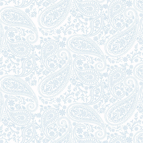 A close-up view of the Crystal Paisley fabric pattern from Hoffman Fabrics' Bali Handpaints Batiks series, displaying an intricate white paisley pattern on 100% cotton batik material