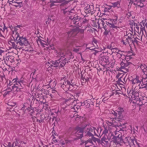 Elegant fuchsia 100% cotton batik fabric, Raspberry Rose Garden from Hoffman Fabrics’ Bali Handpaints Batiks series, depicting intricate floral patterns