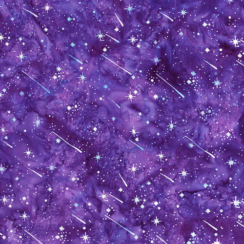 100% cotton batik fabric called Mauve Meteors in purple, part of Hoffman Fabrics' Bali Handpaints Batiks series, with a celestial meteor pattern.