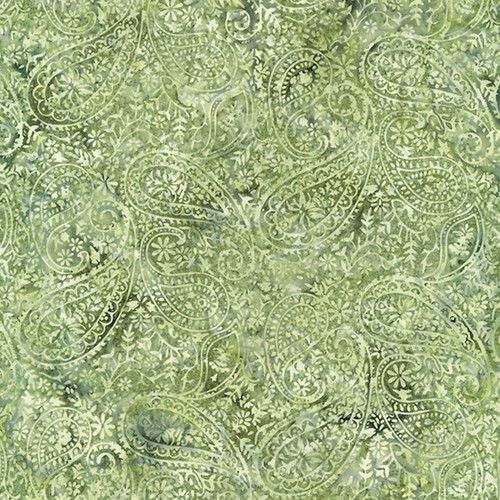 100% cotton batik fabric named Minted Paisley, featuring green paisley patterns on a mint background, from Hoffman Fabrics' Bali Handpaints Batiks series.