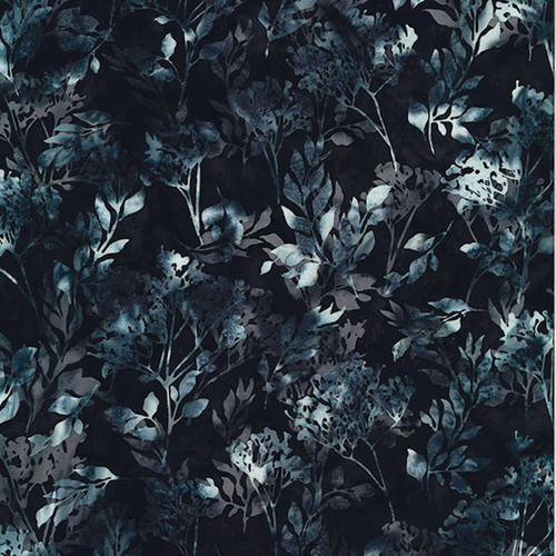 100% cotton batik fabric named Eclipse Botanica, featuring botanical patterns in shades of grey on a black background, from Hoffman Fabrics' Bali Handpaints Batiks series.