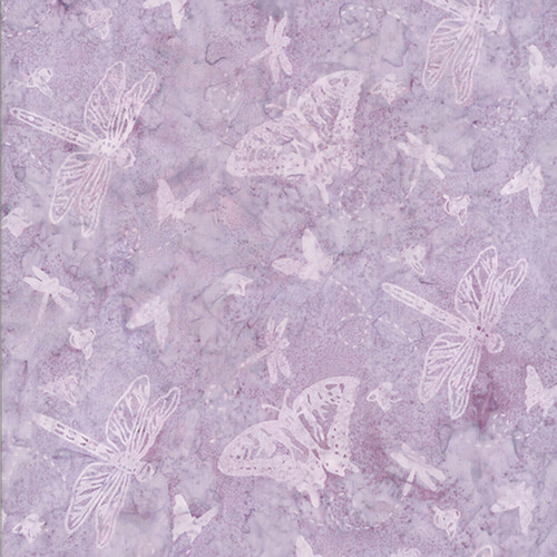 Pale purple 100% cotton batik fabric named Lilac Flutter, featuring white butterfly and dragonfly patterns, from Hoffman Fabrics' Bali Handpaints Batiks series.