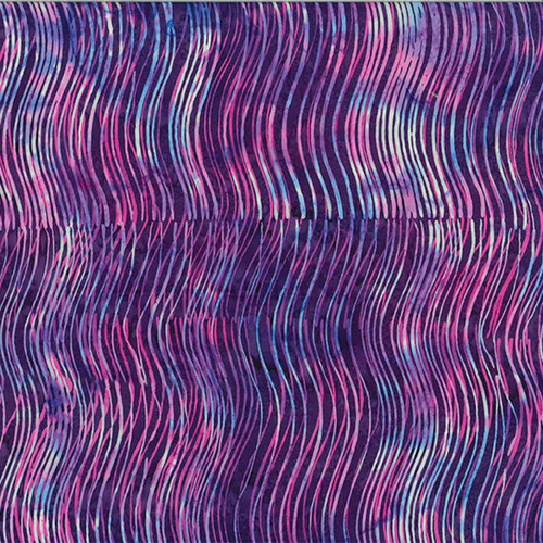 100% cotton batik fabric named Violet Velocity, featuring dynamic wavy lines in shades of violet, pink, and blue, from Hoffman Fabrics' Bali Handpaints Batiks series.