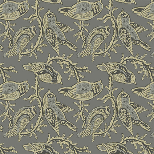 Andover's Aviary Pewter fabric from the Veranda collection, featuring ornate bird illustrations on a grey 100% cotton background.