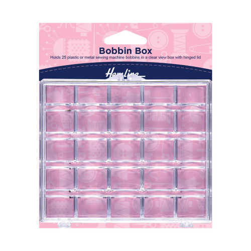 Hemline 25 Spool Bobbin Box in manufacturer's packaging, clear plastic storage with hinged lid