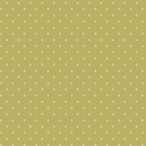 Andover Fabrics' 'Tic Tac Toe in Pollen' fabric from the Jewel Box collection, showcasing a white cross pattern on a dark yellow background.