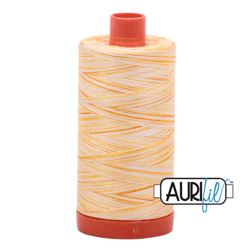 Large spool of Aurifil Limoni 50wt Egyptian cotton thread in variegated yellow with Aurifil logo