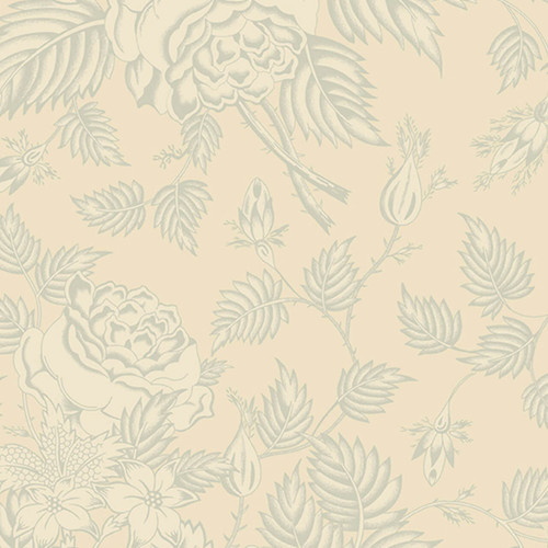 Andover Fabrics' "Porcelain Versailles" from Lady Tulip collection, designed by Edyta Sitar, featuring vintage grey botanical illustrations on cream cotton.