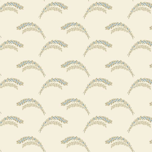 Makower Fabrics' "Seabreeze Berry Branch" in cream, featuring a pattern of blue and green berry branches inspired by the sea.