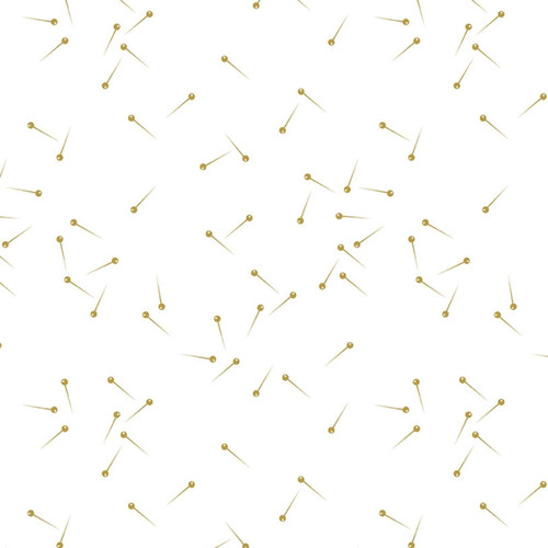 Golden pin drop pattern on white cotton fabric from Riley Blake's Pin Drop collection.