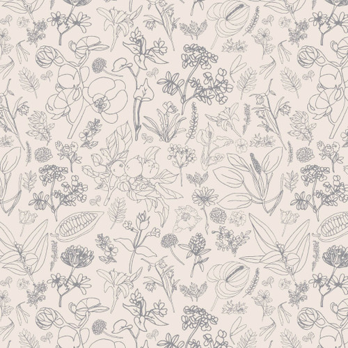 Grey 'Floral Sketch' fabric featuring delicate botanical designs from P & B Textiles' 'Au Nature!' collection, by designer Jacqueline Schmidt.