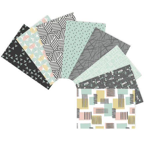 Eight studio-cut Sea Glass fat quarters from Andover Fabrics' Rancho Relaxo collection, showcasing a serene palette of turquoise and greys inspired by mid-century design, arrayed to highlight their soft pastels and neutral tones.