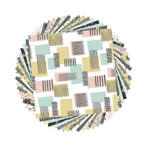 Circular cascading stack of Rancho Relaxo 10 inch fabric squares by Andover Fabrics.