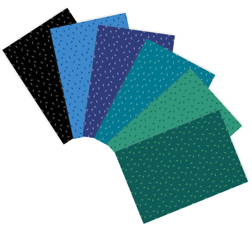 6 Atomic Seascape fat quarters from Andover Fabrics, fanned out showcasing turquoise and blue hues.