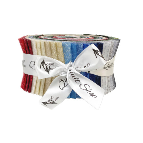 A Jelly Roll of Tonal Ditzy 2½ inch fabric strips by Andover Fabrics, showcasing the assorted colours tied with a white Morris Works ribbon.