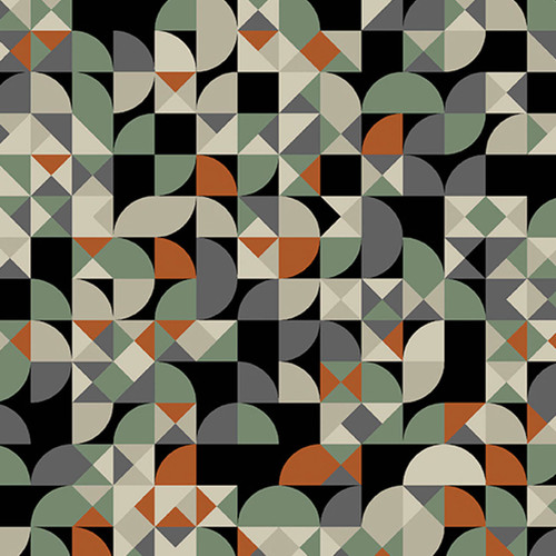 Abstract geometric shapes in black, orange, green, and beige on 'Spadina in Patina' fabric from the Verdigris collection by Libs Elliott.