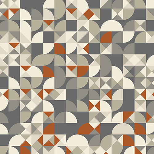 Abstract geometric design in orange, beige, and grey on the 'Spadina in Rust' fabric from the Verdigris collection by Libs Elliott.