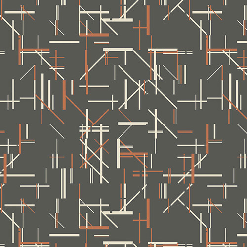 Andover Fabrics' Verdigris Collection: Midtown in Smoke Grey Cotton Fabric on a grey background featuring beige and orange lines by Libs Elliott