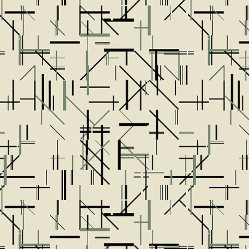 Andover Fabrics' Verdigris Collection: Midtown in Newsprint Fabric features intersecting grey and black lines on a timeless beige background.