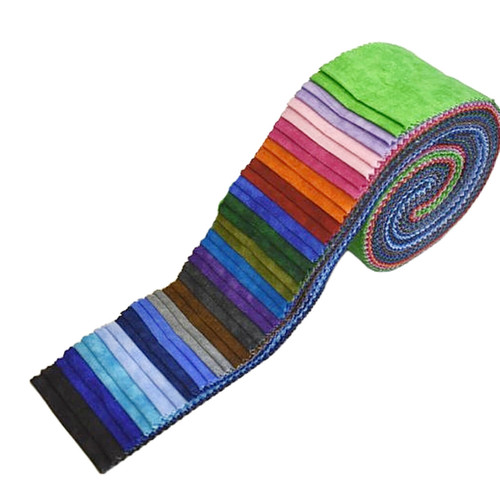 Close-up view of the Kingfisher Tonal Blender Spiral Roll, showcasing a variety of vibrant colours in neatly cut 2.5 inch strips.
