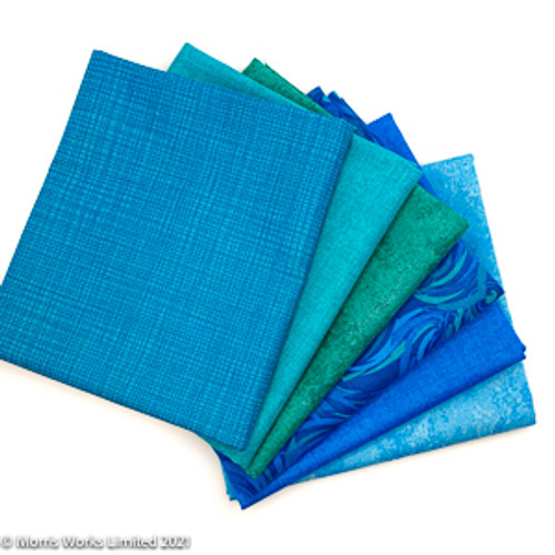 Teals Fat Quarter Bundle - 6 Fabrics 100% cotton blue & teal quilting fabric, cut to fat quarters sold as a fat quarter pack. Environmentally friendly packaging.
