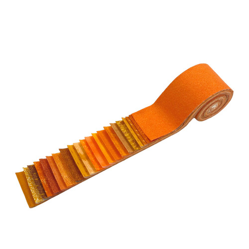 A roll of pre-cut orange fabric strips in various prints, each measuring 2½ inches wide by the width of the fabric, displayed in a cascading arrangement.