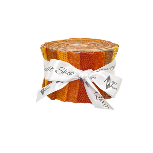 Morris Works Quilt Shop 2.5" strip roll, orange quilting cotton prints in orange and amber tones