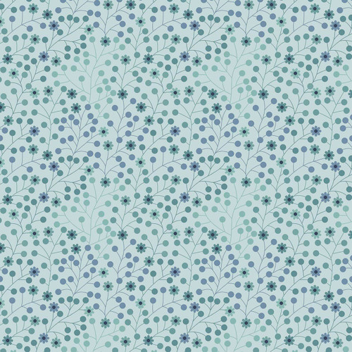 A detailed close-up of the Grassy Fields Daisy Dots fabric from the At Days End Collection, featuring tiny daisies and dotted berries in shades of mint green, teal, and blue on a light green background. A detailed close-up of the Grassy Fields Daisy Dots fabric from the At Days End Collection, featuring tiny daisies and dotted berries in shades of mint green, teal, and blue on a light green background.