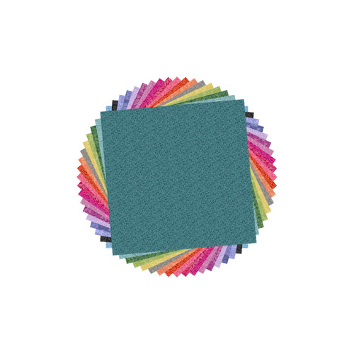 A circular cascading stack of Country Fresh 5-inch charm squares, featuring vibrant nature-inspired fabrics from Sarah Maxwell’s collection for Andover Fabrics.