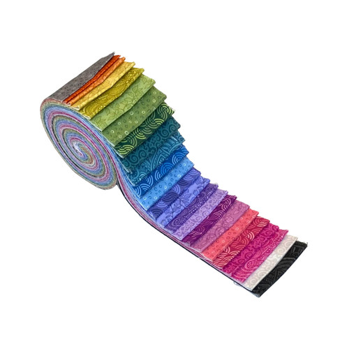 Partially unrolled jelly roll of Country Fresh 2½” Strip Roll showcasing the 24 fabric strips in this collection