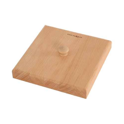 Top view of the Milward Quilter's 9x9 inch Clapper Square, highlighting the Milward logo and wooden handle. Top view of the Milward Quilter's 9x9 inch Clapper Square, highlighting the Milward logo and wooden handle.