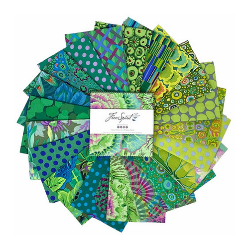 Kaffe Fassett Collective Meadow 5" Charm Pack featuring 42 green-themed pre-cut fabric squares