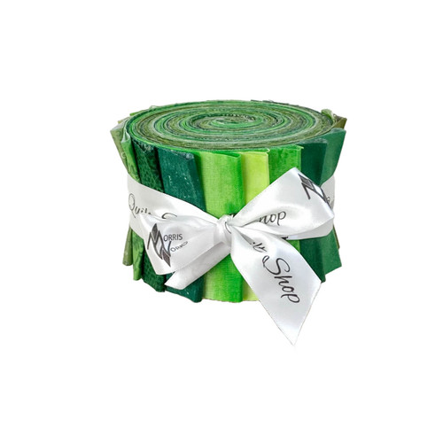 Morris Works Quilt Shop 2.5" strip roll, green quilting cotton prints in lime, leaf green and green tones