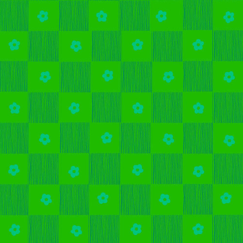 Close up Footpath Clover quilting cotton fabric by Heather Ross for Windham Fabrics, with alternating squares of blue-green flowers and fine linework on a bright clover green background.