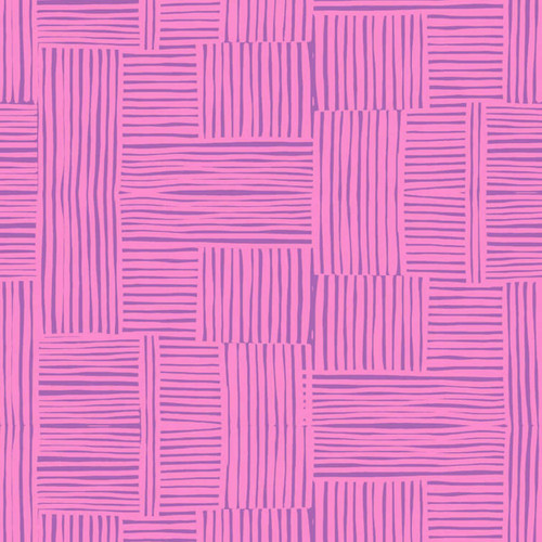 Close up Woven in Vervain quilting cotton fabric by Heather Ross for Windham Fabrics, featuring hand-drawn purple line blocks in a basketweave pattern on a vibrant pink ground.