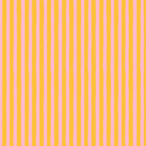 Close up Drawn Stripe Vervain fabric by Heather Ross for Windham Fabrics, featuring hand-drawn vertical stripes in golden orange and light pink on quilting cotton.
