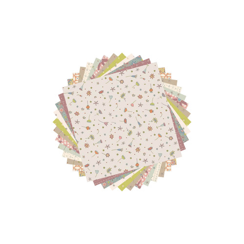 Circular stack of 5-inch fabric squares from the Simply Be collection by Henry Glass, featuring soft muted shades and playful designs.