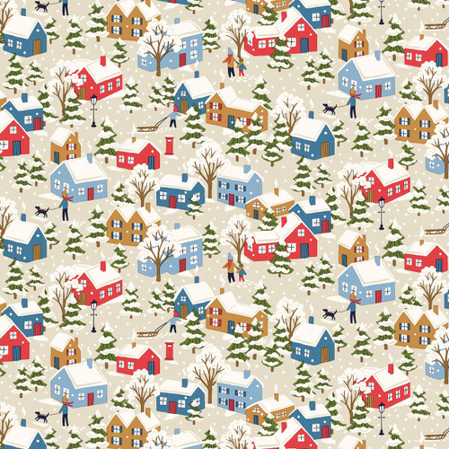 Festive Village in Cream by Liberty Fabrics, featuring snowy houses, trees, and people on soft neutral cotton