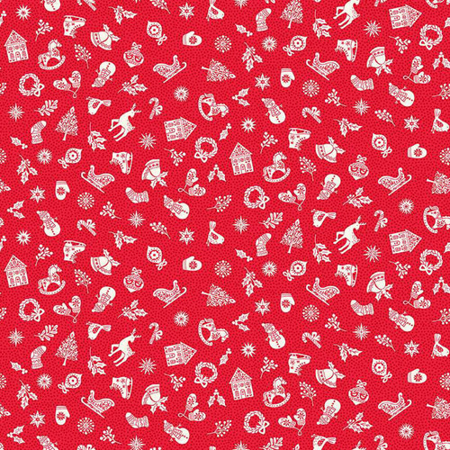 Red Christmas fabric with cream folk-style mittens, wreaths, reindeer, houses, sleighs and stars from Makower’s Scandi Christmas collection