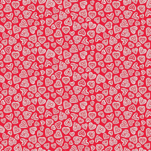 Red cotton fabric covered with cream Scandinavian-style hearts featuring snowflakes, florals, and folk motifs from Makower UK