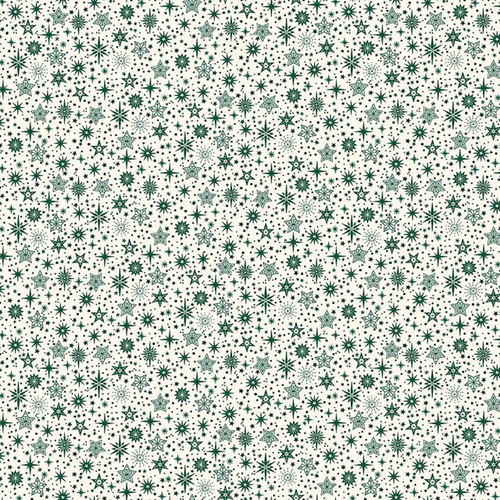 Cream Christmas fabric with green folk-style stars and snowflakes from Makower’s Scandi Christmas collection